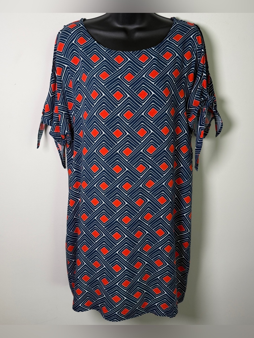 Escapada Rayon Shift Dress Navy Red Geometric Print Tie Sleeve Resort Vacation M